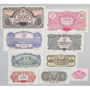 PRL, zestaw banknotów od 50 groszy do 500 złotych 1944, Reprint, (9 sztuk)
