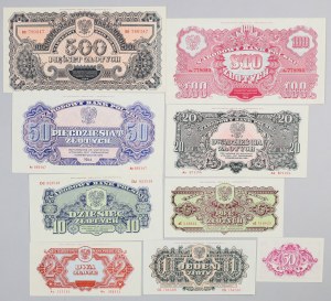 PRL, zestaw banknotów od 50 groszy do 500 złotych 1944, Reprint, (9 sztuk)