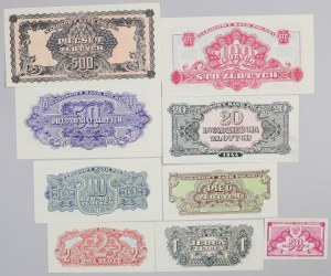 PRL, zestaw banknotów od 50 groszy do 500 złotych 1944, Reprint, (9 sztuk)