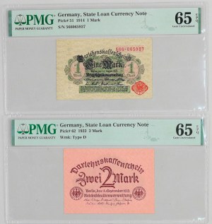 Germany, lot of 2 banknotes from 1914-1922, PMG high grade, (2 pieces)