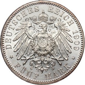 Germany, Saxony, Friedrich August III, 5 Mark 1909, Muldenhütten, Leipzig University