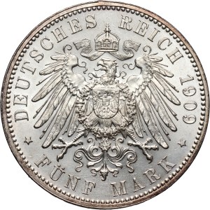 Germany, Saxony, Friedrich August III, 5 Mark 1909, Muldenhütten, Leipzig University