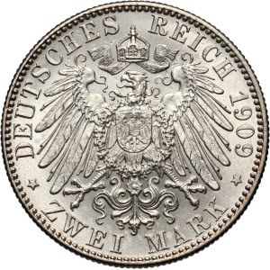 Germany, Saxony, Friedrich August III, 2 Mark 1909, Muldenhütten, Leipzig University