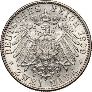 Germany, Saxony, Friedrich August III, 2 Mark 1909, Muldenhütten, Leipzig University