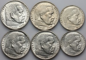 Germany, Third Reich, set of coins from 1935-1939, Paul von Hindenburg, (6 pieces)