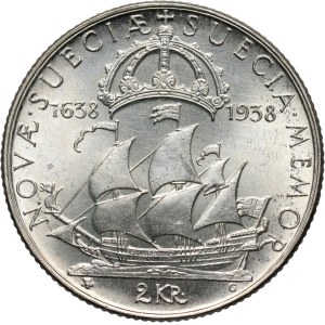 Sweden, Gustav V, 2 Kronor 1938, 300th Anniversary of the founding of New Sweden Settlement in Delaware