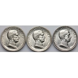 Italy, Victor Emmanuel III, set of 2 Lira 1914-1916, (3 pieces)