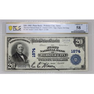 United States of America, National Bank, Webster City, 20 dollars 1902
