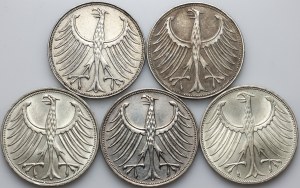 Germany, Federal Republic of Germany, set of 5 Mark coins from 1951-1972, (5 pieces)