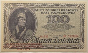 II RP, 100 Polish marks 15.02.1919, Ser. AH, REPRINT, in NBP case