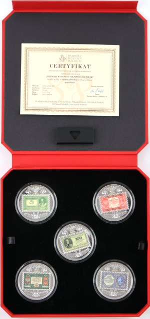 Third Republic, set of silver medals, First banknotes of Independent Poland, (5 pieces)