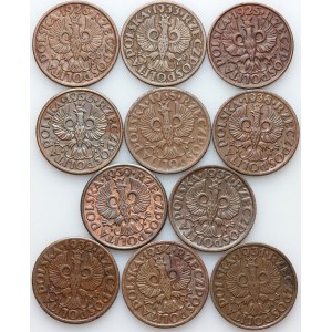 II RP, zestaw monet 1 grosz z lat 1925-1939, (11 sztuk)