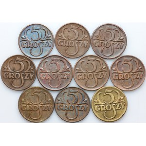 II PR, zestaw monet 5 groszy z lat 1923-1939, (10 sztuk)