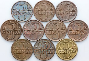 PR II, set of 5 penny coins from 1923-1939, (10 pieces)