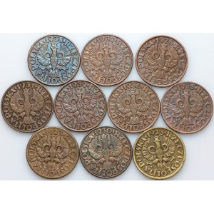 II PR, zestaw monet 5 groszy z lat 1923-1939, (10 sztuk)