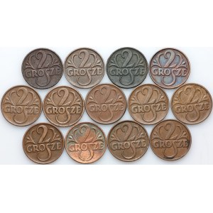 II RP, zestaw monet 2 grosze z lat 1923-1937, (13 sztuk)