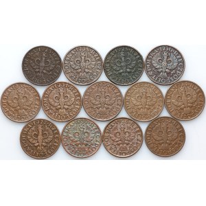 II RP, zestaw monet 2 grosze z lat 1923-1937, (13 sztuk)