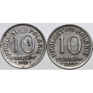 Królestwo Polskie, zestaw monet 10 fenigów z lat 1917-1918, (2 sztuki)