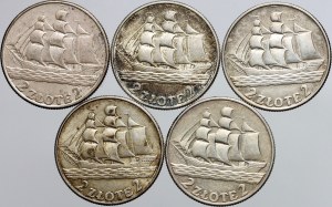 II RP, 2 zloty 1936 coin set, Sailing ship, (5 pieces)