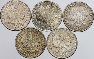 II RP, 2 zloty 1936 coin set, Sailing ship, (5 pieces)