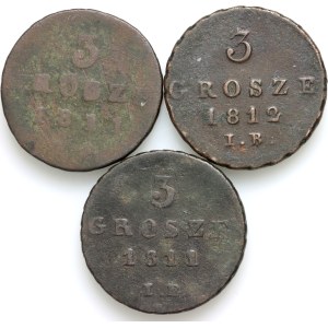 Księstwo Warszawskie, zestaw monet 3 grosze z lat 1811-1812, (3 sztuki)