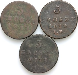 Duchy of Warsaw, set of 3 penny coins from 1811-1812, (3 pieces)