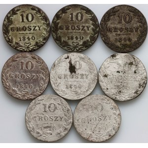 Królestwo Kongresowe, Mikołaj I, zestaw monet 10 groszy 1840, (8 sztuk)