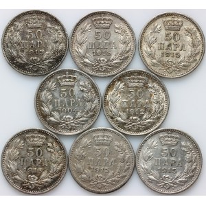 Serbia, Peter I, set of 50 Para coins from 1904-1915, (8 pieces)