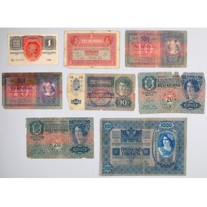 Austro-Wegry, zestaw banknotów 1-1000 koron, (8 sztuk)
