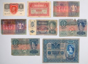 Austro-Hungarian, set of banknotes 1-1000 crowns, (8 pieces)