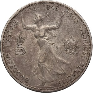 Austria, Franz Joseph I, 5 Corona 1908, Vienna, 60th Anniversary of Reign