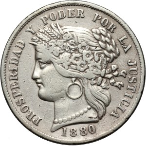 Peru, 5 Pesetas 1880 BF, Ayacucho