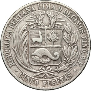 Peru, 5 Pesetas 1880 BF, Ayacucho