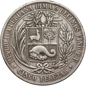 Peru, 5 Pesetas 1880 BF, Ayacucho