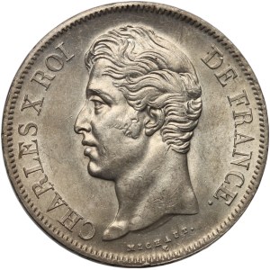 France, Charles X, 5 Francs 1827 B, Rouen, cracked mint die