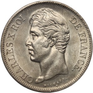 France, Charles X, 5 Francs 1827 B, Rouen, cracked mint die