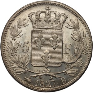 France, Charles X, 5 Francs 1827 B, Rouen, cracked mint die