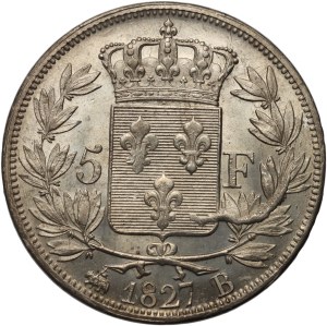 France, Charles X, 5 Francs 1827 B, Rouen, cracked mint die