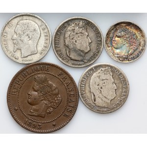France, set of coins from 1844-1893, (5 pieces)