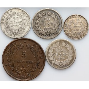 France, set of coins from 1844-1893, (5 pieces)