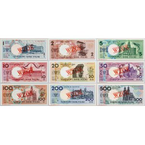 III RP, Miasta Polskie - WZÓR/SPECIMEN, komplet nr. 0093, zestaw od 1 do 500 złotych 1990, (9 sztuk
