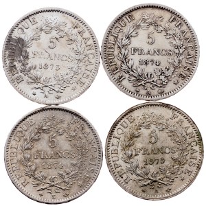 France, 5 Francs 1873, 1874, 1875, A, Paris; K, Bordeaux