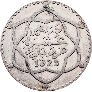 Morocco, 10 Dirhams AH1329 (1911), Paris