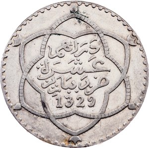 Morocco, 10 Dirhams AH1329 (1911), Paris