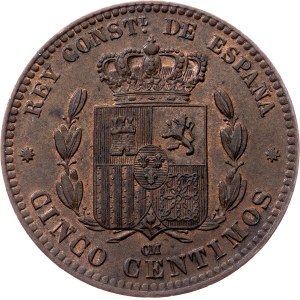 Spain, 5 Centimos 1877, Barcelona