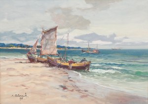 Eugeniusz Dzierzencki (1905 Warszawa - 1990 Sopot), Kutry na brzegu, 1978