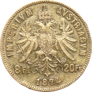 Rakousko-Uhersko, František Josef I. 1848-1916. - 8 zlatník 1874, tmavé skvrnky.