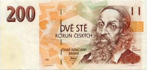 200 Kč 1993, proužek „REPUBLIQUE DU ZAIRE“ s. A06, č. 261524, B‑CZ6c, světle žlutá skvrna.