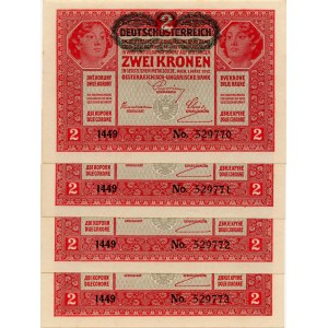 Rakousko, I. republika 1919-1934. - 2 K 1. 3. 1917, s. 1449, RUB s přetiskem DEUTSCHÖSTERREICH (1919), P‑50, Ri.‑177, čísla jdoucí po sobě, 4 ks.