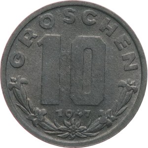 Rakousko, II. republika 1945-. - 10 groschen 1947, KM‑2874, plast. pouzdro.